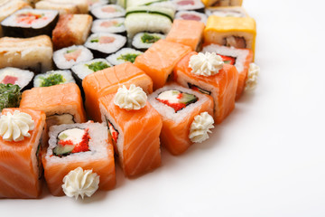 Set of sushi, maki and rolls isolated on white closeup