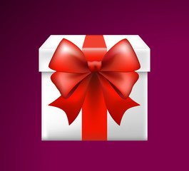 3d Realistic White Gift Box with Red Bow on Black Background . Isolated Vector Element