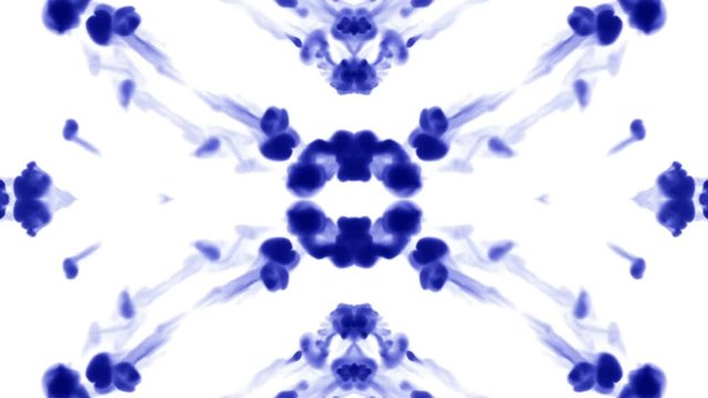 Abstract background of ink or smoke flows is kaleidoscope or Rorschach inkblot test9. Isolated on white in slow motion. Blue dye dissolves in water. For alpha channel use luma matte as alpha mask