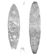 Watercolor Surfing boards with doodles. All elements by layers