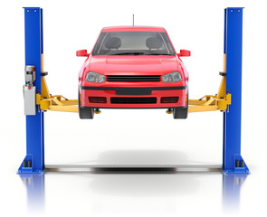 Red car on the car lift on white reflective background 