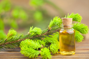 Essence of pine on table in beautiful glass jar