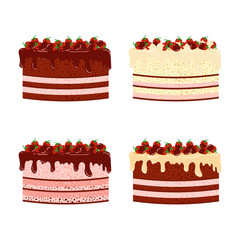 Vector cake set with chocolate and strawberries on white background