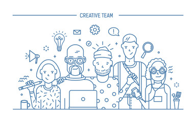 Creative business team concept. Banner with teamwork command. Young designers, girls and guys cv. Lineart flat illustration.