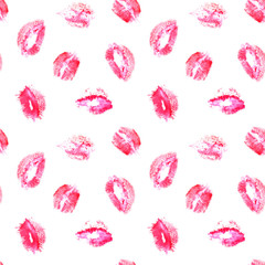 Beautiful watercolor pink lips prints on white background. Seamless pattern for greeting cards, wallpapers or textile.