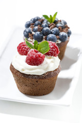 sweet chocolate cupcakes with fresh berries for dessert on white plate, vertical