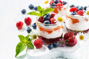 sweet dessert with jam and cream on white board