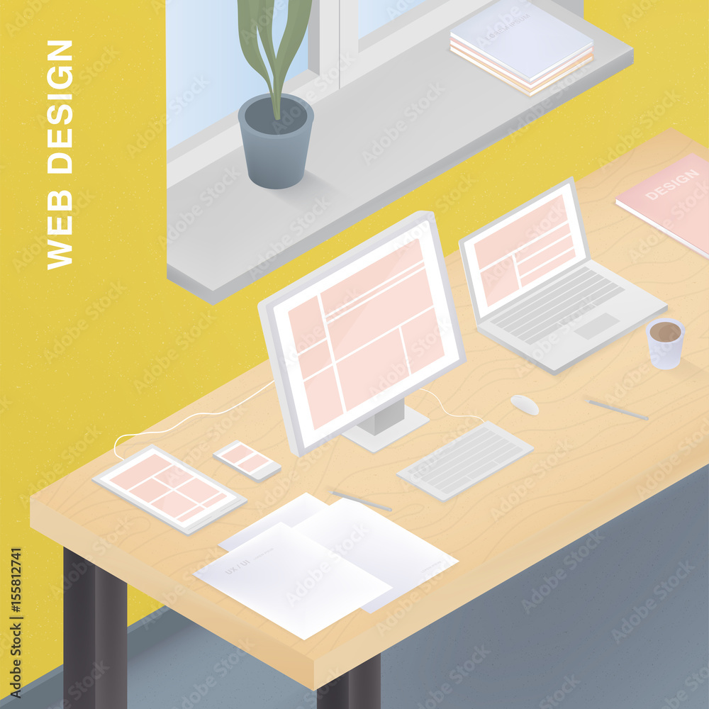 Aufkleber Adaptive web design for various devices. Colorful vector illustration with responsive design on computer, tablet, smartphone, laptop.