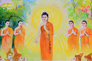 Répandre le Dharma. Vie de Bouddha. Peintures murales. Wat Ong Teu Mahawihan. Temple of the Heavy...