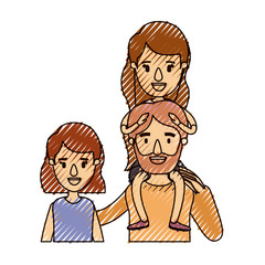color crayon stripe caricature half body family with short hair woman and bearded man with girl on his back vector illustration