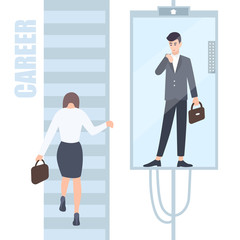 Gender inequality issues concept. Business woman and man climb the career ladder where different opportunities for males and females. Cartoon flat colorful illustration.