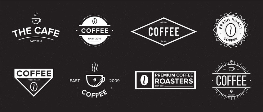 Set of coffee label. Different logo, badge, emblem collection on black background. Vector black and white illustrations.
