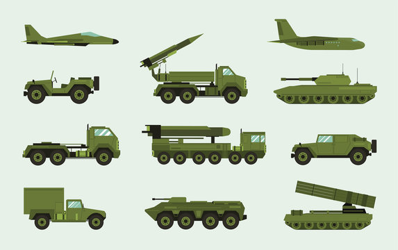 Set of different military transport. Modern equipment collection fighting machine, air defense, car, truck, tank, armored vehicles, artillery pieces. Vector illustration in flat style