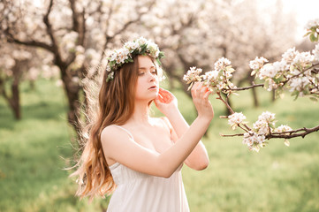 Beautiful blonde teenage girl 14-16 year old posing in apple orchard. Springtime.