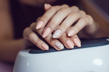 Nail Care. Closeup Of Beautiful Woman Hands Showing Perfect Nails . Beauty Care. High Resolution