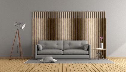 Gray and wooden living room