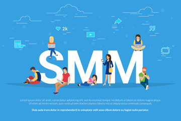 SMM concept vector illustration of people using laptops for advertising and optimizing website in social networks. Flat modern design of young men and women using mobile devices to get traction