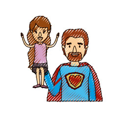 color crayon stripe caricature half body super dad hero with girl on his hand vector illustration