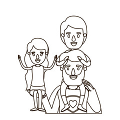 sketch contour half body super dad hero with girl on his hand and boy on his back vector illustration