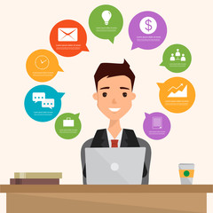 business man using a laptop to communication infographic. illustration vector of a flat design.