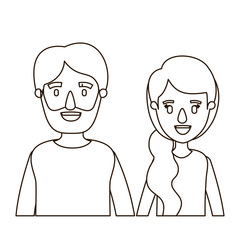 Fototapeta premium sketch contour caricature half body couple woman with ponytail side hair and bearded man vector illustration