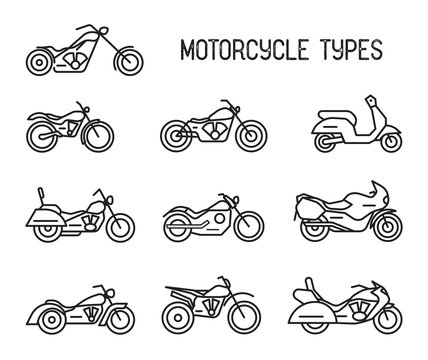 Set of different types of mototechnics. Motorcycles and mopeds, lineart icons. Collection black and white vector illustrations isolated on white background.