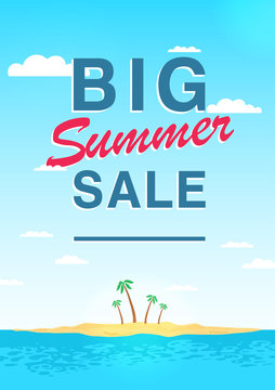 Vertical poster on big summer sale theme. Bright promotional flyer with sky, sea, island and palm trees. Colorful advertising vector illustration with lettering.