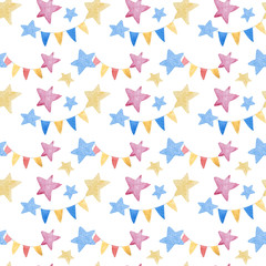 Watercolor illustrations of stars and Checkboxes. Cute seamless pattern.