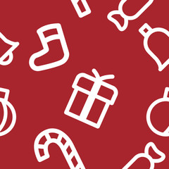 Vector pattern of Christmas symbols on white background. Sock, gift, bell and lollipop, Fill, swatch for your design