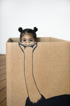 Girl inside a cardboard box painted with an ostrich