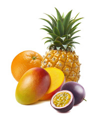 Pineapple, mango halved, orange, passionfruit isolated