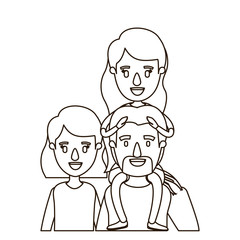 sketch contour caricature half body big family parents with girl on his back vector illustration