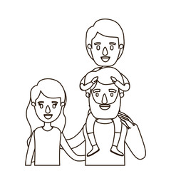sketch contour caricature half body family with wavy long hair woman and bearded man with boy on his back vector illustration