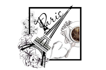Cup of coffee and the Eiffel tower with flowers. Travel design background for postcard etc.