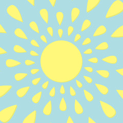 Sun icon. Yellow rays of light. Cute cartoon shining object. Hello summer. Blue background. Flat design