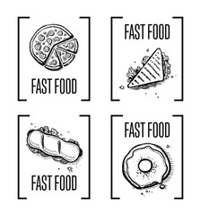 Fast food hand drawn doodle set. Vintage isolated vector elements of sandwich, pizza, hot dog and donut. Restaurant and cafe menu symbols, junk food icon collection with snack linear sketches