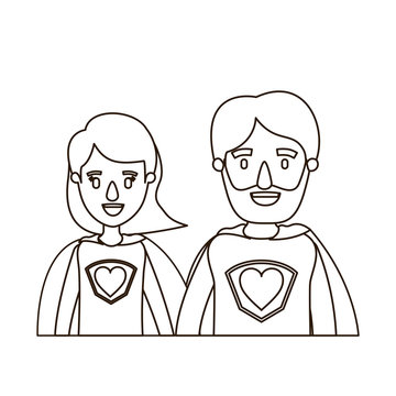 sketch contour caricature half body couple parents super hero with heart symbol in uniform vector illustration
