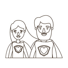 sketch contour caricature half body couple female and male super hero with heart symbol in uniform vector illustration