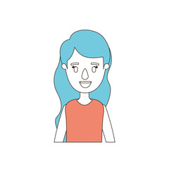caricature color sections and blue hair of half body woman with long wavy hairstyle vector illustration