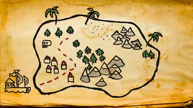 Childish hand drawn treasure map illustration. High quality animation. Seamless loop. 1080p 60fps