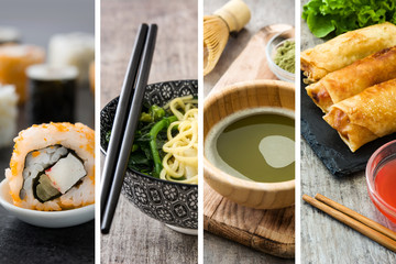 Chinese food collage with sushi, green matcha tea, wonton soup and spring rolls

