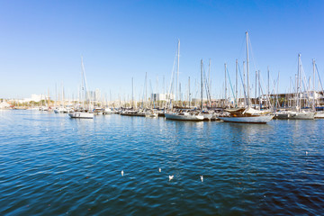 Fototapeta premium BARCELONA SPAIN - February 9, 2017: harbor with boats in Barcelona, is the capital city of the autonomous community of Catalonia in the Kingdom of Spain,February 9, 2017 in Barcelona Spain.
