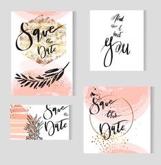 Set of perfect wedding templates in golden,pastel,black and white colors.Ideal for Save The Date, baby shower,mothers day,bridge,valentines day, birthday cards,invitations.Vector lettering.