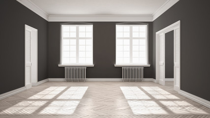 Empty room with parquet floor, big windows, doors and radiators, white and gray interior design