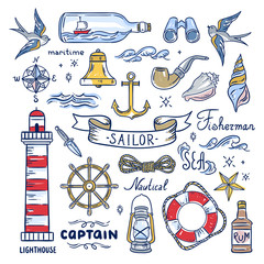 Sailor hand drawn elements. Nautical illustrations: lighthouse, sea waves, captain objects, seashells