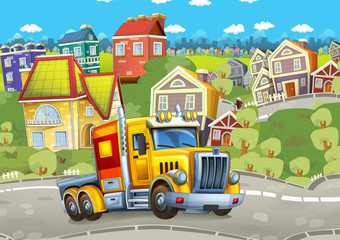 cartoon happy cargo truck without trailer driving through the city