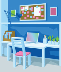 Interior of workplace in cartoon style. Perspective. Home Office in Blue Color.