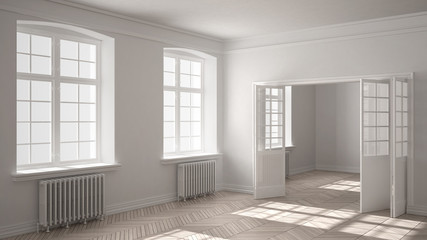 Empty room with parquet floor, big windows, doors and radiators, white interior design