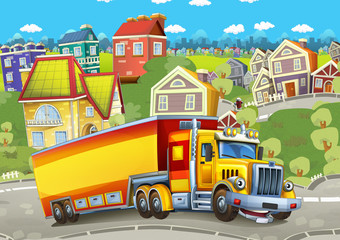 Obraz na płótnie Canvas cartoon happy cargo truck with trailer driving through the city