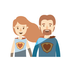 light color shading caricature half body couple super hero with heart symbol in uniform vector illustration